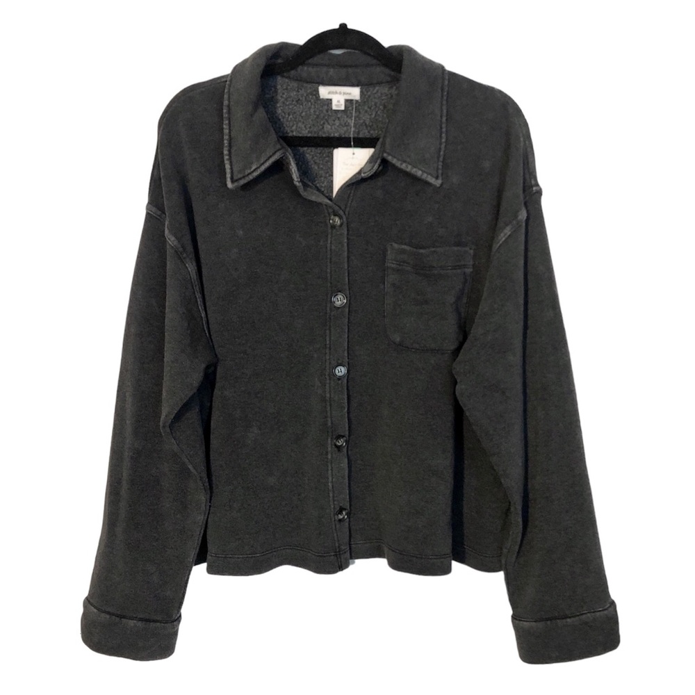 Stitch & Pine Stone Wash Black Button Front Lightweight Cropped Long Sleeve Top